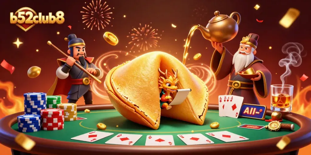 Engage with b52club8's dynamic fortune cookie scene with poker elements and magical details.