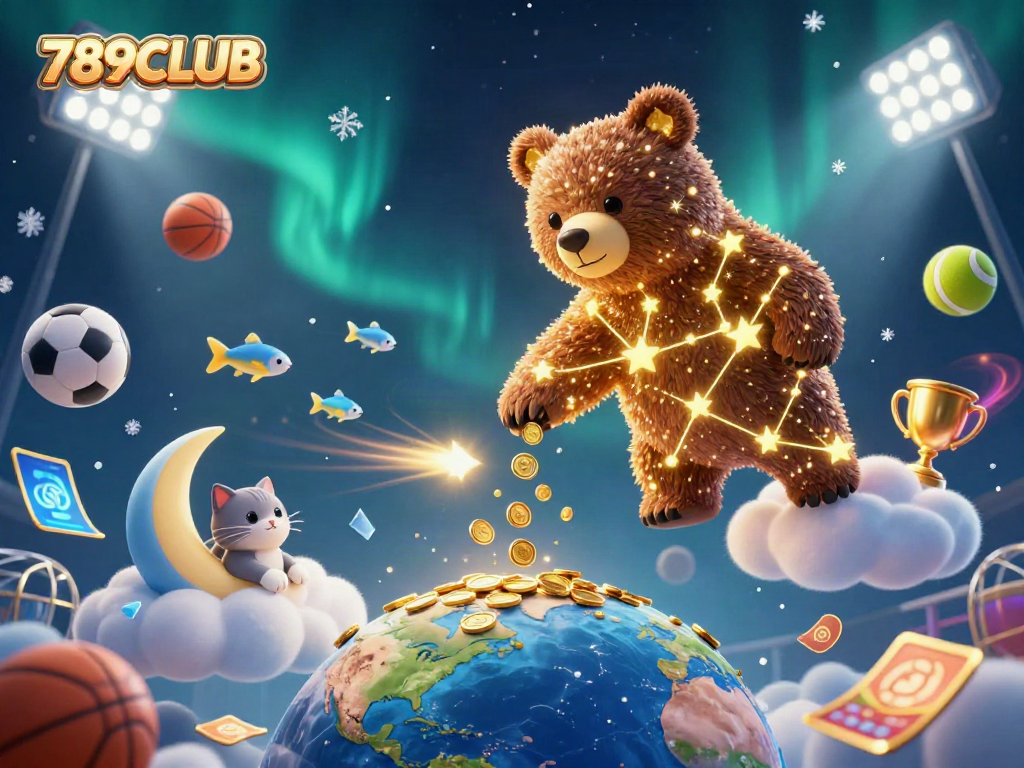 Experience thrilling gaming action with 789CLUB in a vibrant, dynamic scene filled with coins and sports elements.