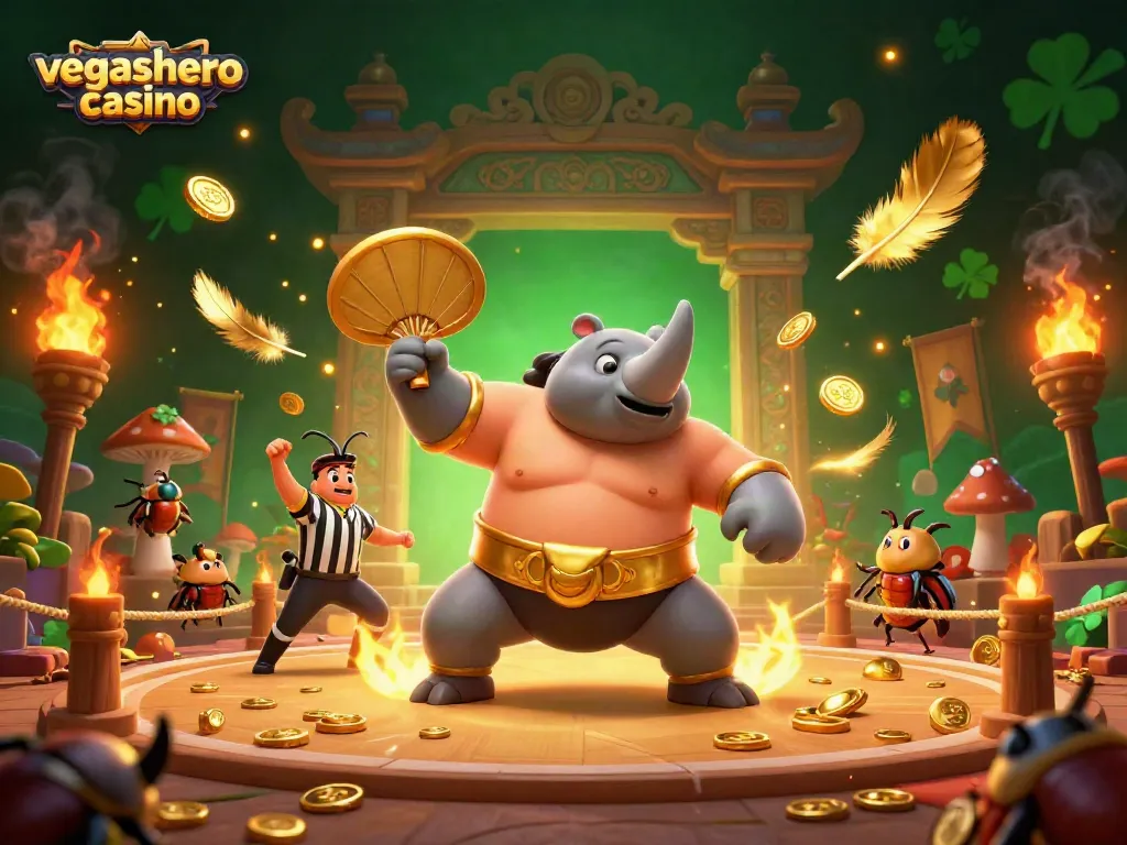 Experience the excitement of vegashero casino with a dynamic scene featuring a beetle champion and game-themed elements.