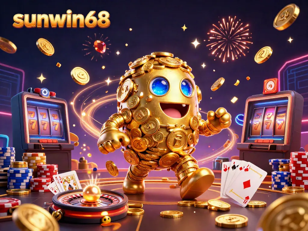 Experience exhilarating wins at sunwin68 with a golden golem surrounded by cascading coins and games.