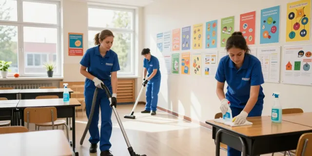 Professionele school schoonmaakt Amsterdam door schoonmaakteam met eco-vriendelijke producten in kleurrijke klaslokalen.