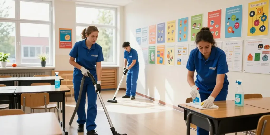 Professionele school schoonmaakt Amsterdam door schoonmaakteam met eco-vriendelijke producten in kleurrijke klaslokalen.