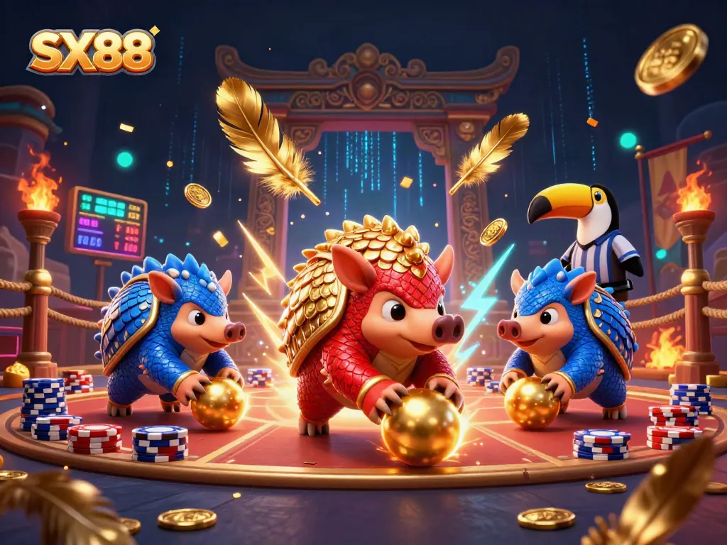 SX88 pangolins compete in a vibrant casino scene, rolling poker chips and golden balls.