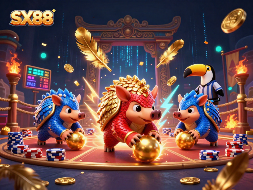 SX88 pangolins compete in a vibrant casino scene, rolling poker chips and golden balls.