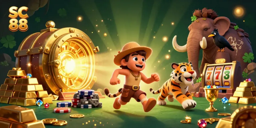 Experience the excitement of SC 88 in a prehistoric casino with cartoon characters amid dazzling treasure.