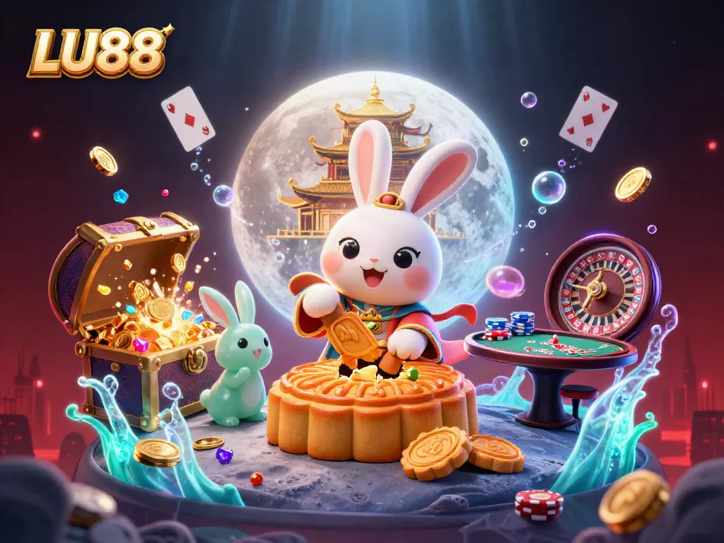 Engage with LU88's thrilling casino experience featuring mesmerizing poker chips and vibrant moon scenery.