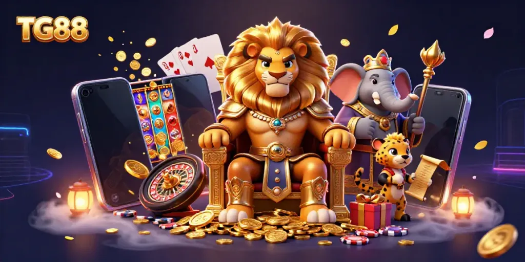 Experience the thrill of TG88 with a vibrant 3D casino scene showcasing a king, elephant, and cheetah.
