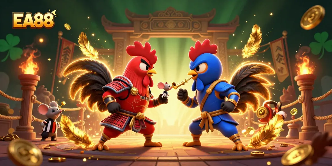 Engage with thrilling EA88 betting action featuring samurai and ninja roosters in combat.