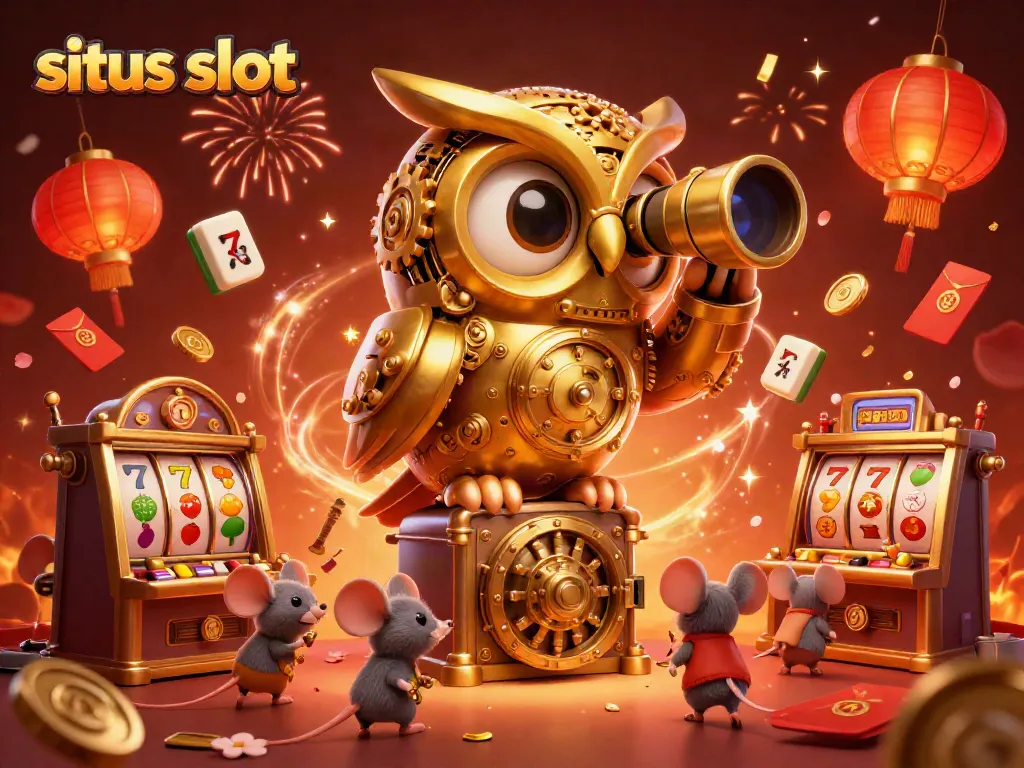 Experience the excitement of situs slot with a captivating 3D illustration of a golden owl and lively casino elements.