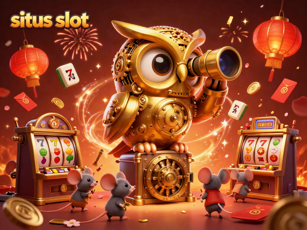 Experience the excitement of situs slot with a captivating 3D illustration of a golden owl and lively casino elements.