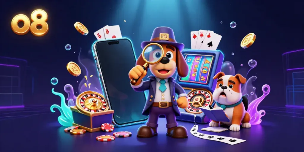 Join the thrilling action at o8, where a detective dog investigates gambling treasures amidst vibrant casino elements.