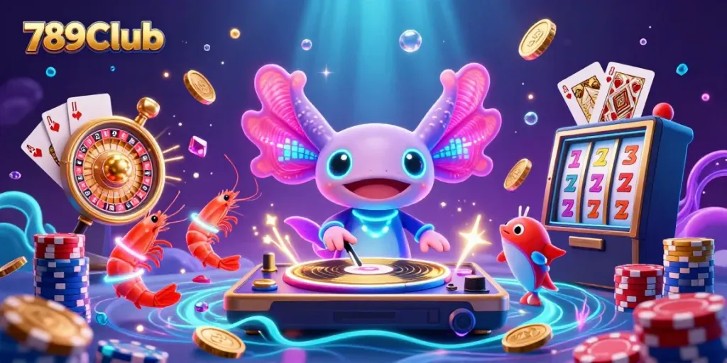 Engaging 3D illustration of 789Club with a neon axolotl DJ, dancing shrimp, and a hype fish, surrounded by golden coins and casino elements.