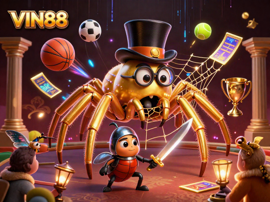 Experience the excitement of VIN88 with a magical 3D scene featuring a golden tarantula and beetle knight in a casino setting.