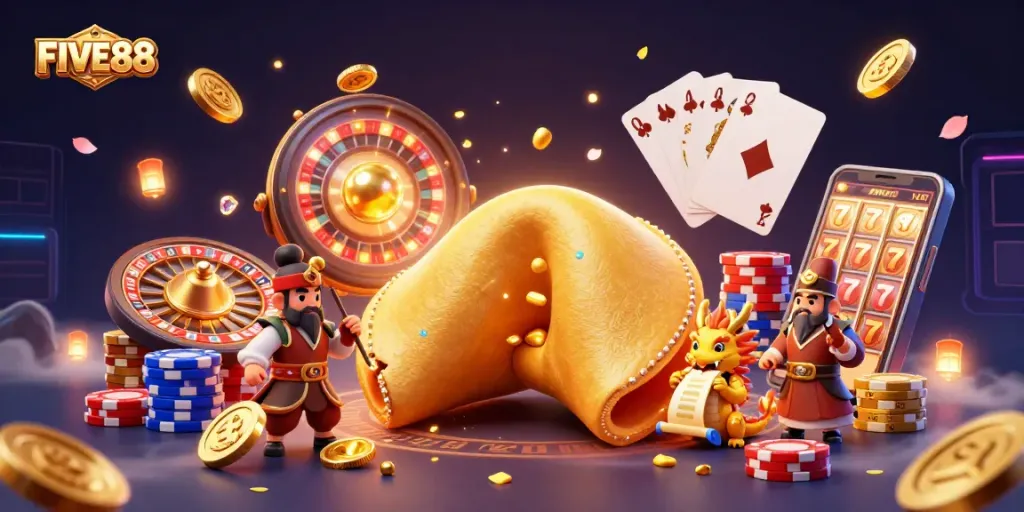 Engage with the excitement of FIVE88's dynamic golden fortune cookie casino scene featuring vibrant games and rewards.