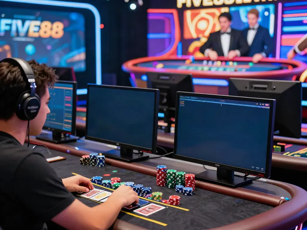 Player engaged in live casino gaming at FIVE88 with vibrant screens and colorful gaming elements.