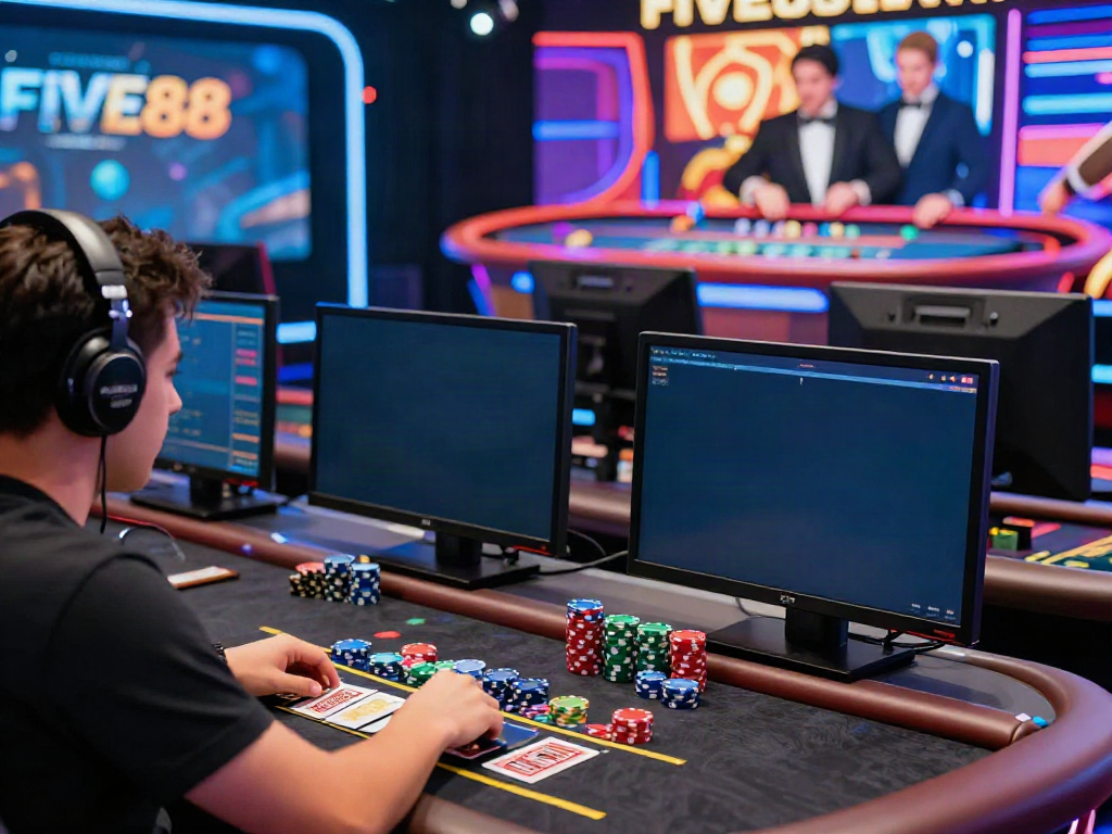 Player engaged in live casino gaming at FIVE88 with vibrant screens and colorful gaming elements.