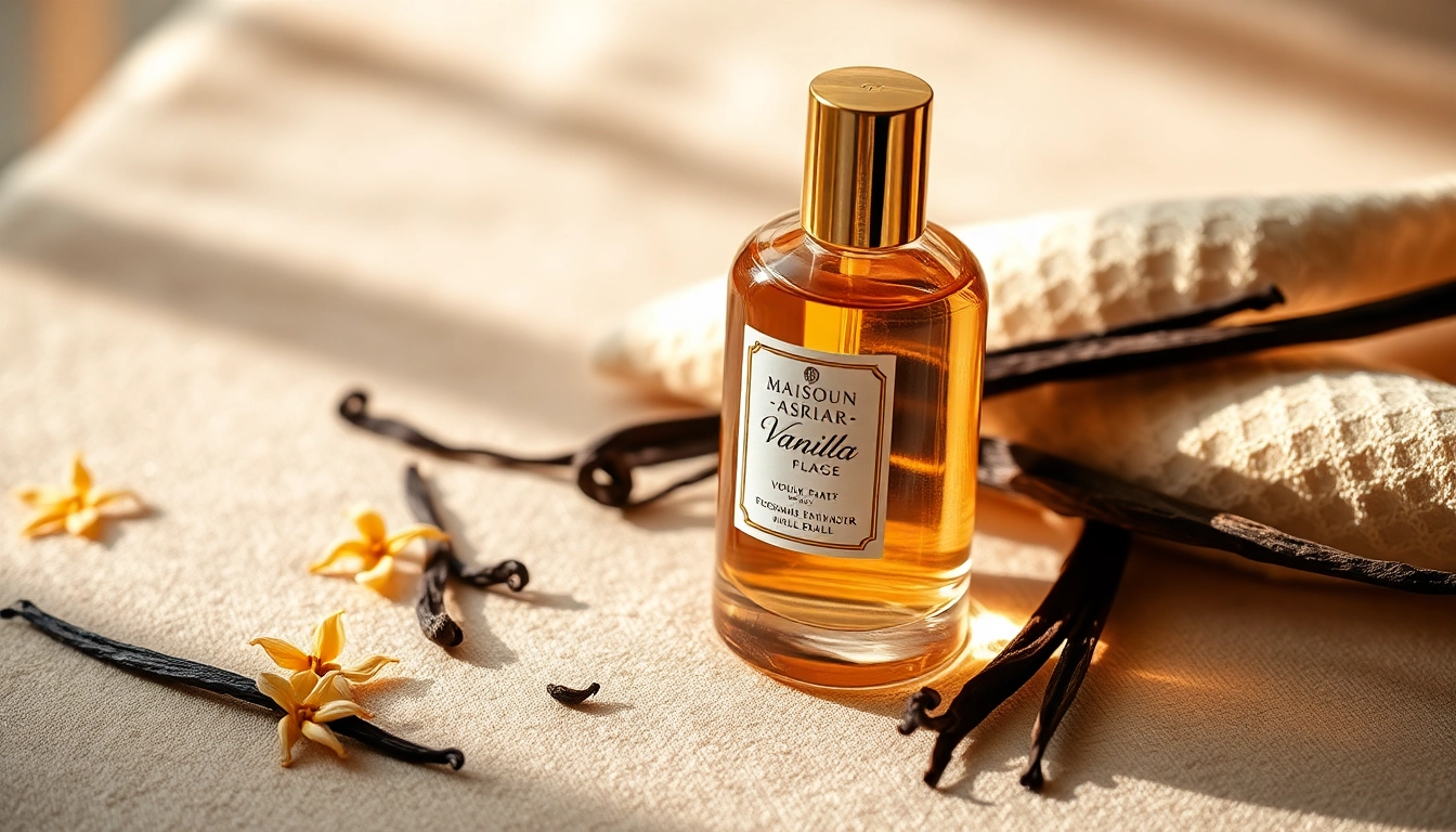Geparfumeerde fles Vanilla Voyage by Maison Asrar verlicht met warme kleuren en omringd door vanillebonen.