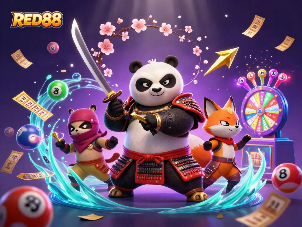 Experience thrilling gaming action with RED88, featuring a dynamic samurai panda and ninja fox amidst vibrant lottery elements.