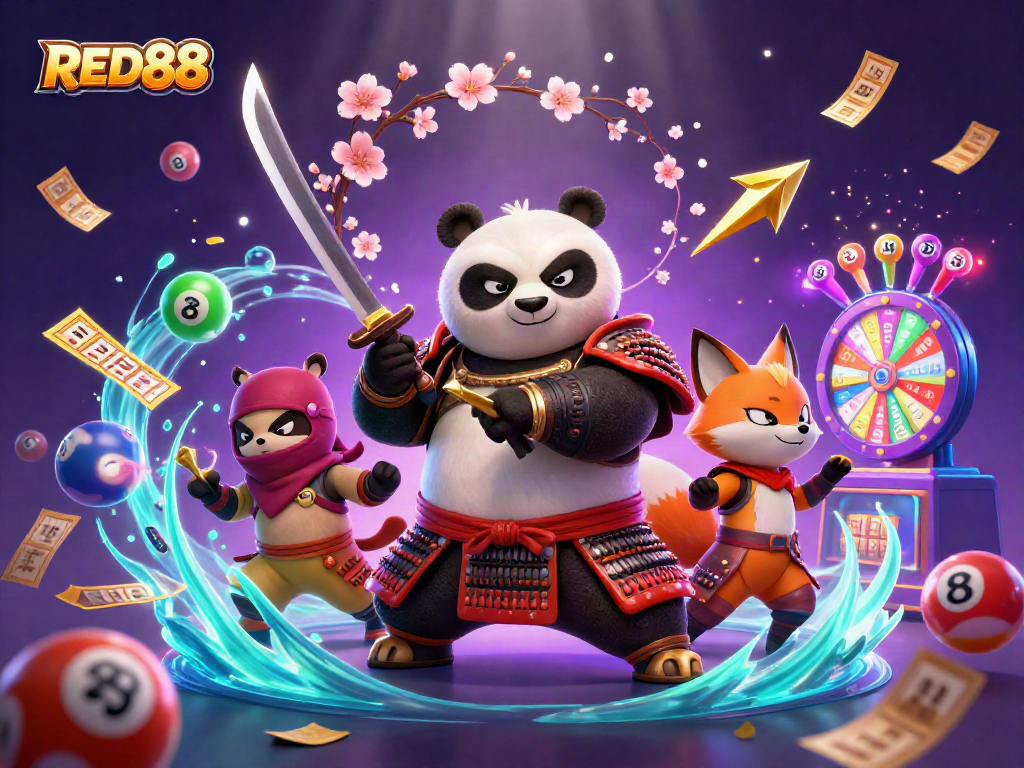 Experience thrilling gaming action with RED88, featuring a dynamic samurai panda and ninja fox amidst vibrant lottery elements.