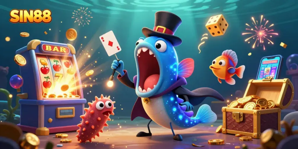 SIN88 captivates with vibrant slot-themed underwater scene showcasing a magical eel, anglerfish, and sea cucumber.