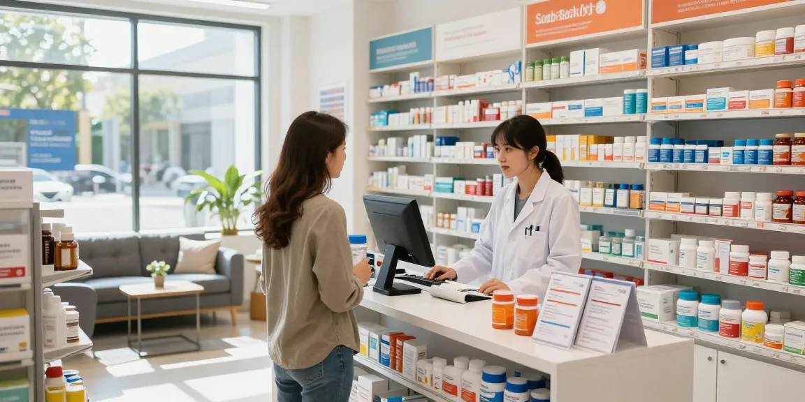 Unique Pharma Shop met apotheker die klant helpt in een moderne winkel met gezondheidsproducten.