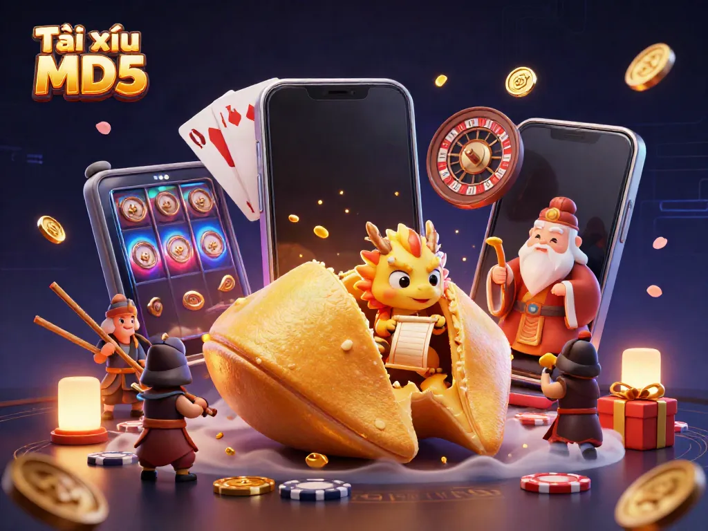 Tài xỉu MD5 reveals fortune insights in a vibrant 3D casino illustration.
