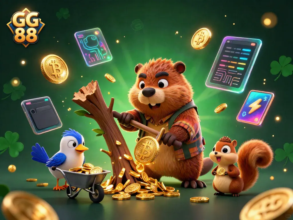 Experience the excitement of GG 88 with a beaver and friends in a vibrant casino environment full of gold coins.