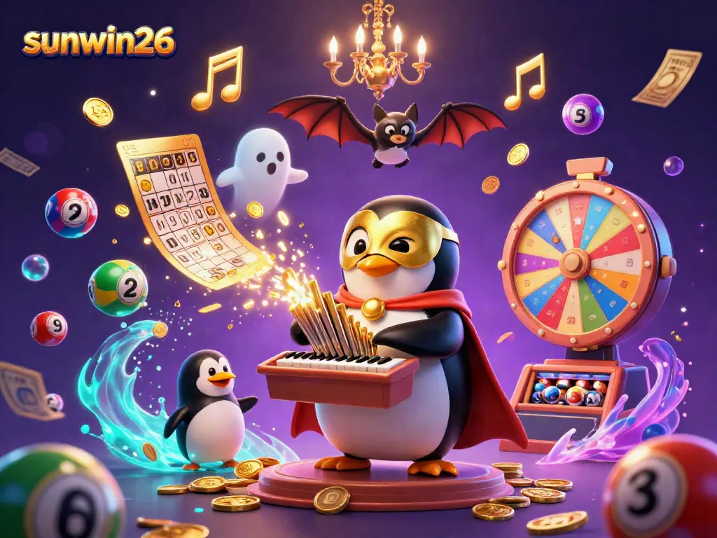 Engage in thrilling gameplay with sunwin26 as a penguin plays a golden pipe organ amidst colorful lottery elements.