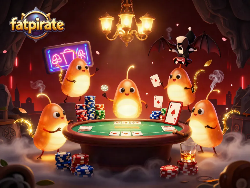 Experience the thrill of fatpirate casino with glowing glowworms illuminating a vibrant poker game.
