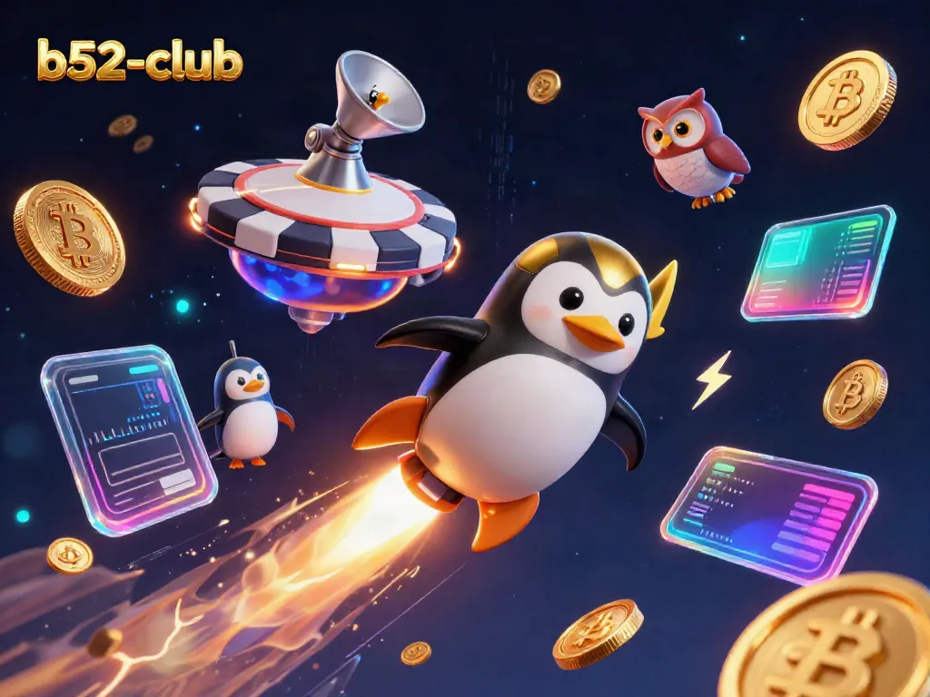 Watch the golden penguin from b52-club soar toward a vibrant casino space station