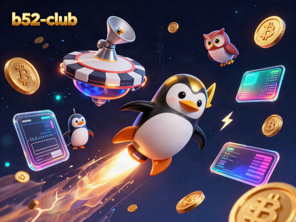 Watch the golden penguin from b52-club soar toward a vibrant casino space station