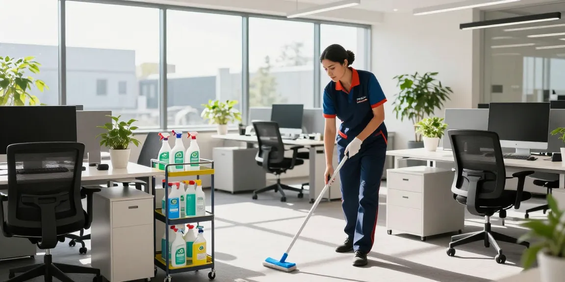 Professional cleaner at a modern office space showcasing a schoonmaakbedrijf den haag service.