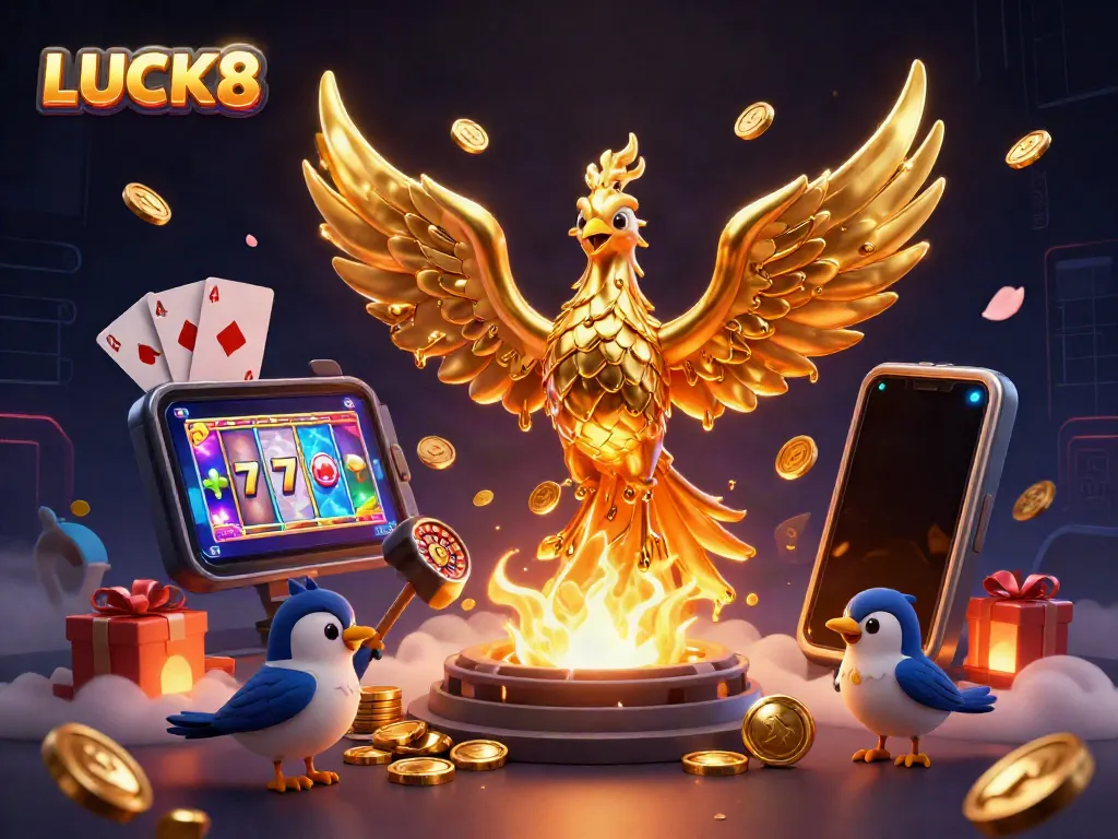 LUCK8 showcases a golden phoenix emerging from a forge with dynamic gaming elements, symbolizing fortune.
