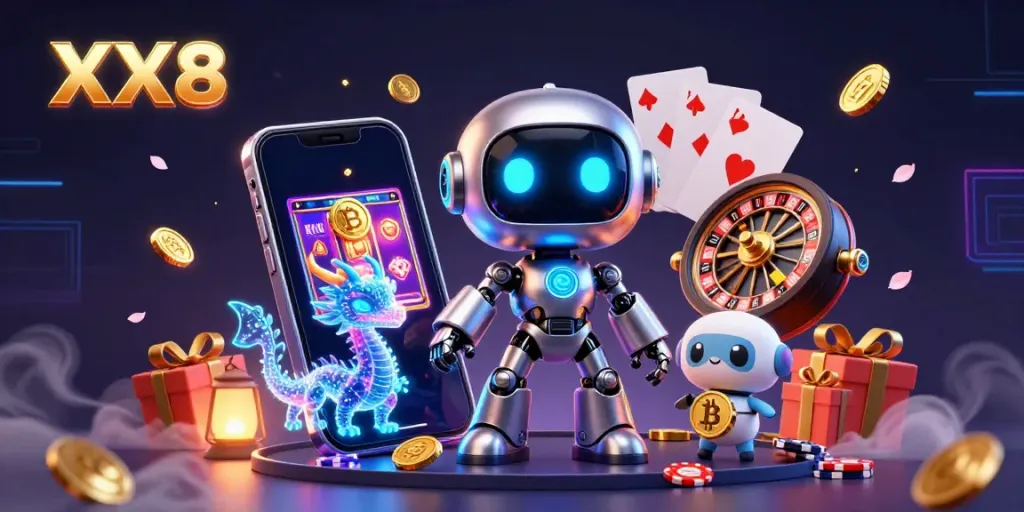 Engage with XX8's gaming experience through a lively 3D illustration showcasing advanced digital characters, casino elements, and vibrant motion.