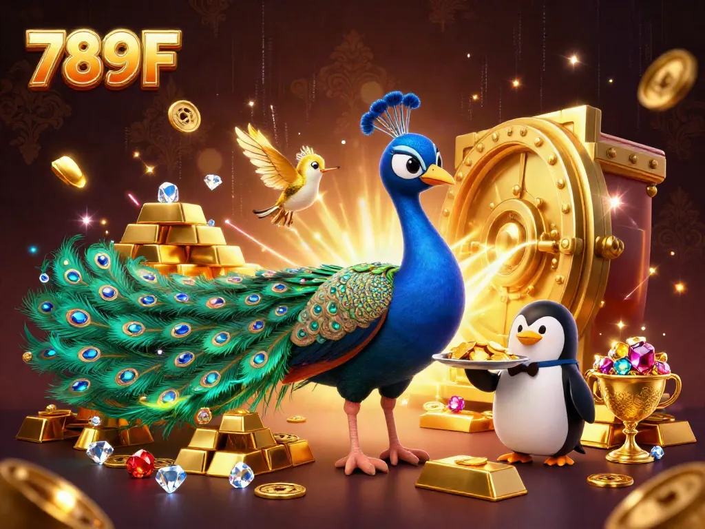 Immerse in the vibrant world of 789F's casino via an ornate 3D illustration featuring a peacock, butler, and hummingbird.
