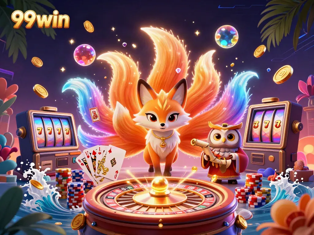 Experience thrilling gameplay with 99win as a vibrant nine-tailed fox and wise owl illuminate the casino atmosphere.
