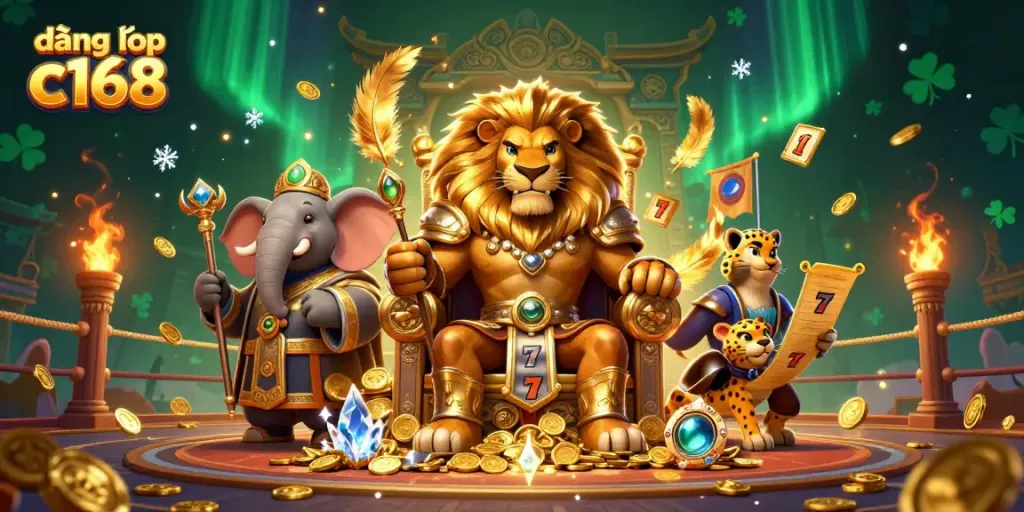 Participate in thrilling gameplay with đăng nhập c168 showcasing a lion king and casino elements.
