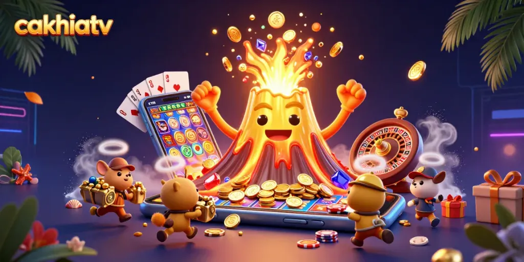 Cakhiatv wins big at a casino, showing a golden volcano erupting treasure and fun gaming elements.
