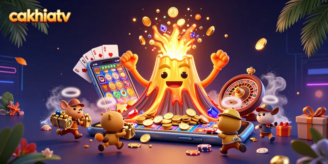 Cakhiatv wins big at a casino, showing a golden volcano erupting treasure and fun gaming elements.