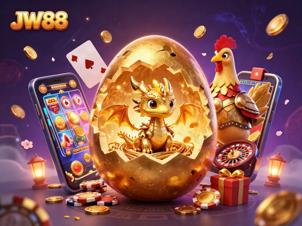 JW88 illuminates a thrilling casino scene with gold dragon and poker chips.