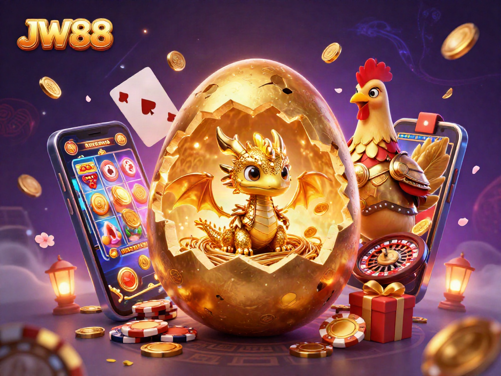 JW88 illuminates a thrilling casino scene with gold dragon and poker chips.