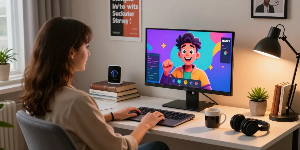 Interactive NSFW character AI chat scene showcasing personalized avatar on laptop screen, cozy home office atmosphere.