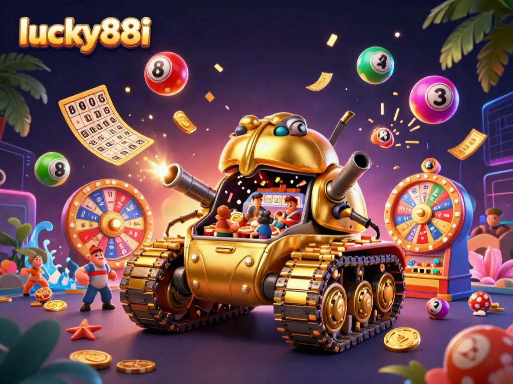 Engage with lucky88i's vibrant 3D illustration showcasing a fantasy casino experience within a golden beetle tank.