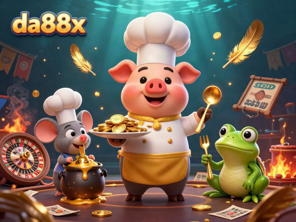 Engage with da88x as a chef pig serves gold coins in a vibrant casino scene.