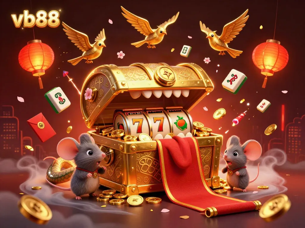 Engage with thrilling slot action at vb88, featuring a treasure chest with gold coins inviting gamers.