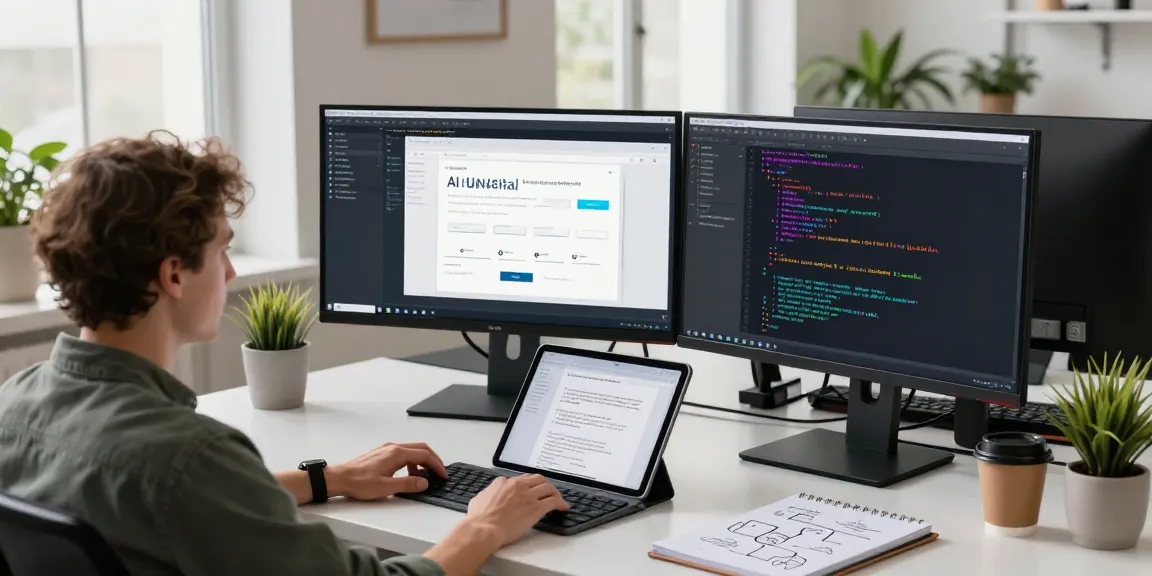 Build internal tools with AI in a modern workspace, featuring developer at desk, code on screens, and productivity elements.