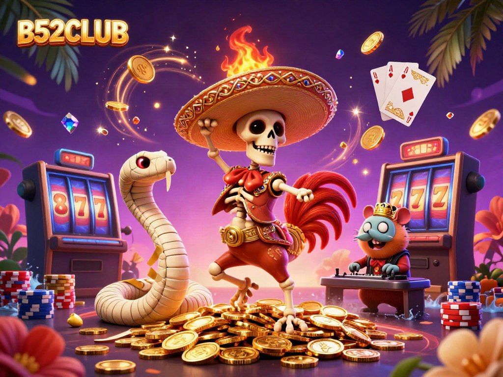 Experience the excitement of B52CLUB with a vibrant 3D casino scene featuring unique characters and dynamic game elements.