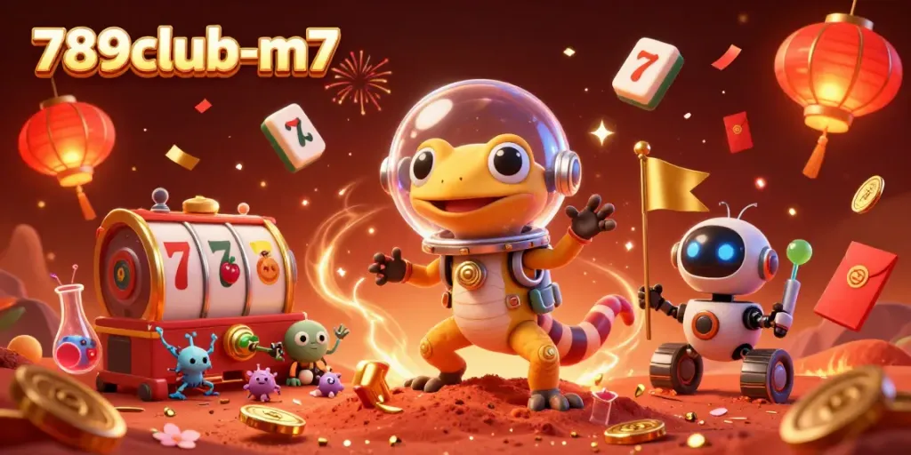 789club-m7 showcases a Martian gecko celebrating a jackpot at its golden casino, filled with festive elements.