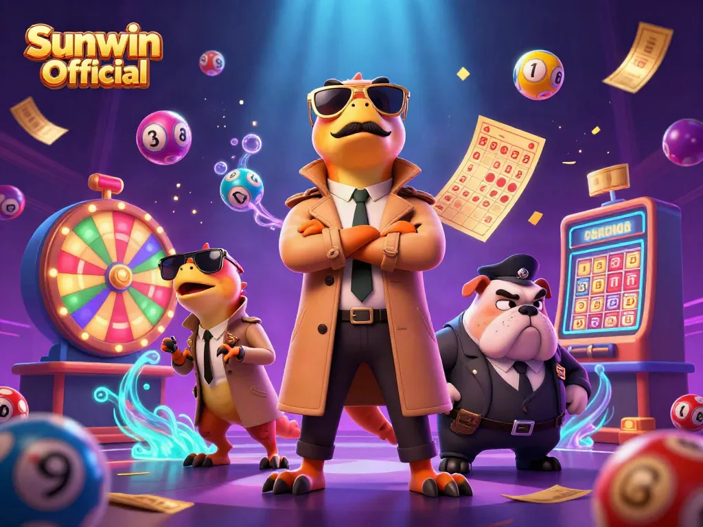 Experience the lively world of Sunwin Official with raptors in a trench coat and dynamic casino elements.