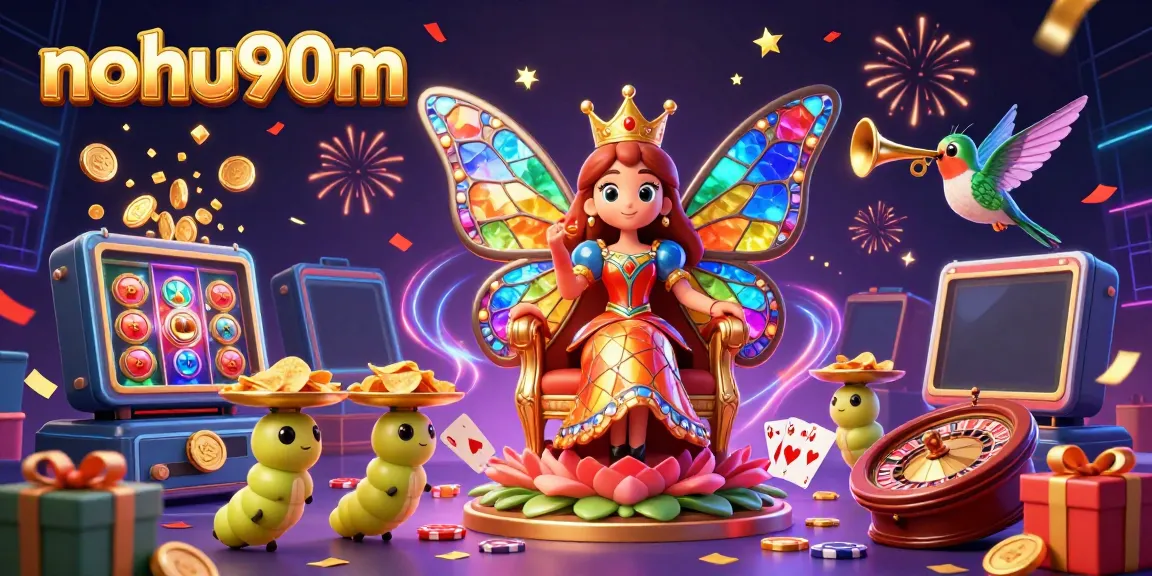 Nohu90m casino scene with a butterfly queen, slot games, and vibrant decorations.